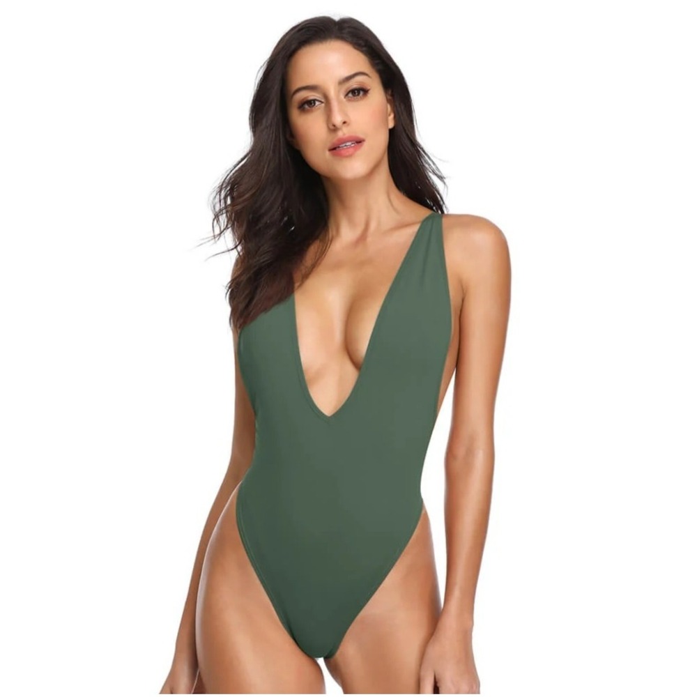Dixperfect Women Olive Green Plunging V-Neck High Cut One Piece‎ Swimsuit NWT
